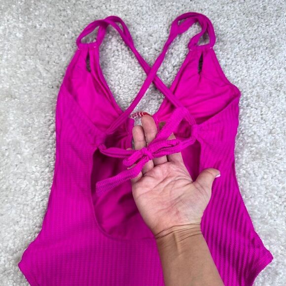Becca One Piece Ring Center Tie Back Swimsuit Azalea Pink Large - Picture 7 of 9